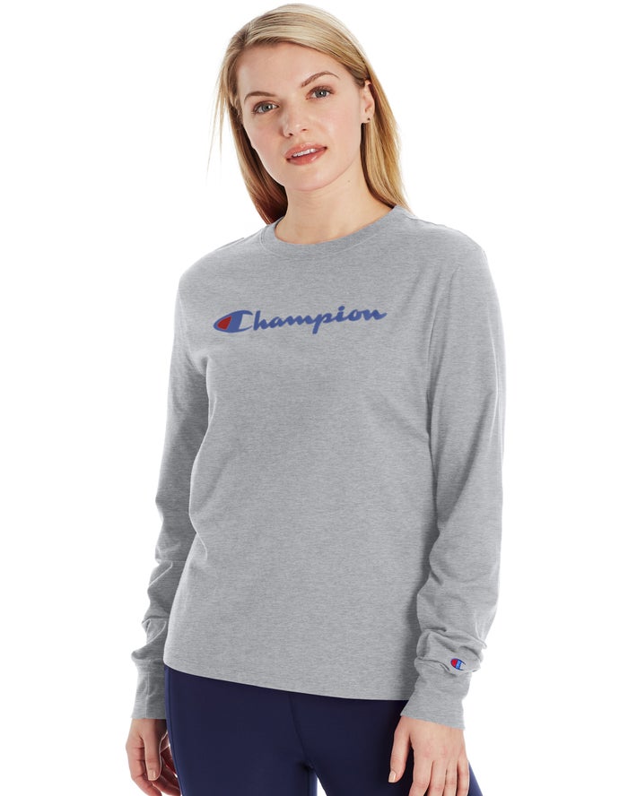 Champion Dame T-Shirts Grå - Classic Long-Sleeve Script Logo - Danmark PIF-205863